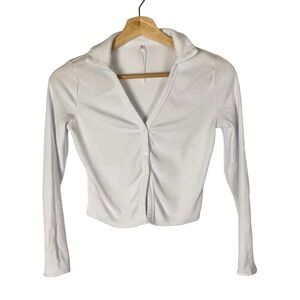 Boutique‎ White Ribbed Button Front Collar Cropped Long Sleeve S